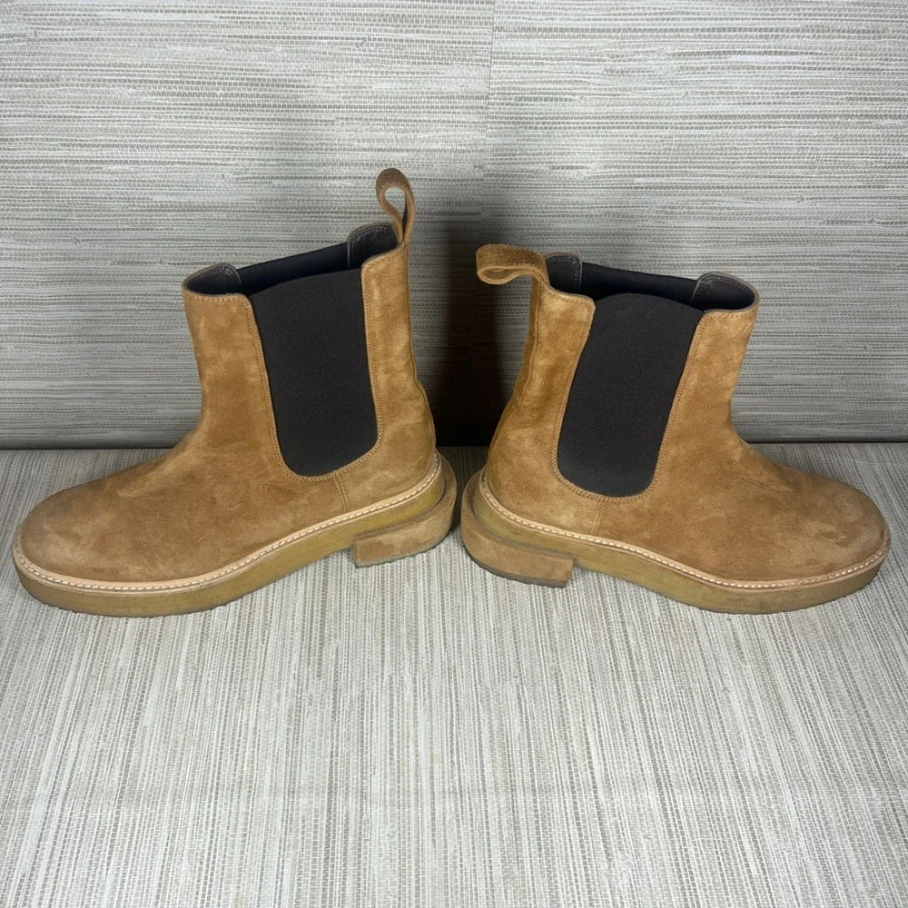 FRAME Suede Chelsea Boots Tan Brown Elastic Side Block Heel Women's 38.5‎ Boho
